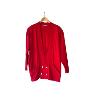 Deep V Neck 80s Cardigan| Red Knit Boho Cardigan| Vintage Retro 1980s Slouchy Plunge Neckline Cardigan. Made In USA. Size Small.