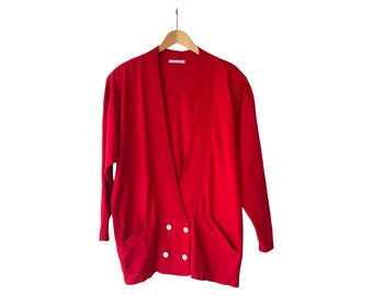 Vintage 80s Red Cotton Knit Cardigan | Plunge V Neck, Made in USA, Size Small