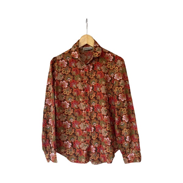 Vintage 80s The Villager Burnt Orange Floral Ladies Blouse , Size 8