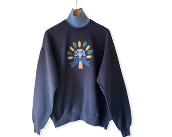 Ladies Vintage Flower Heart Double Collar Navy Sweatshirt