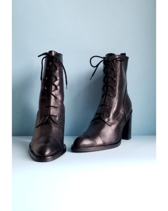 90s Black Leather Boots, Lace Up Leather Boots, Vi