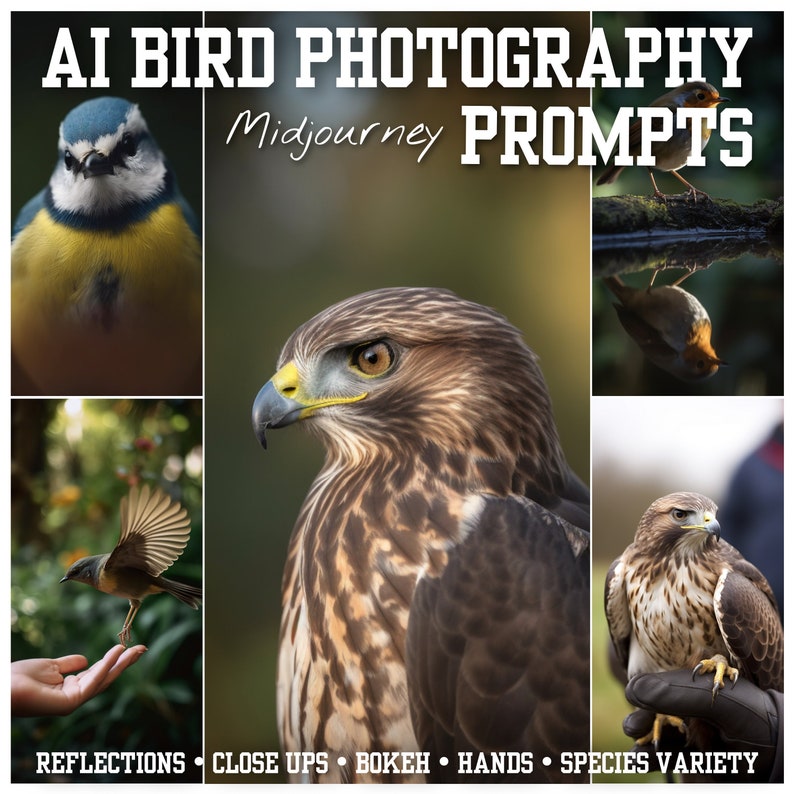 May include: A collage of images featuring different bird species, including a bluebird, a hawk, and a robin. The images are arranged in a grid pattern and are accompanied by the text "AI Bird Photography Midjourney Prompts".
