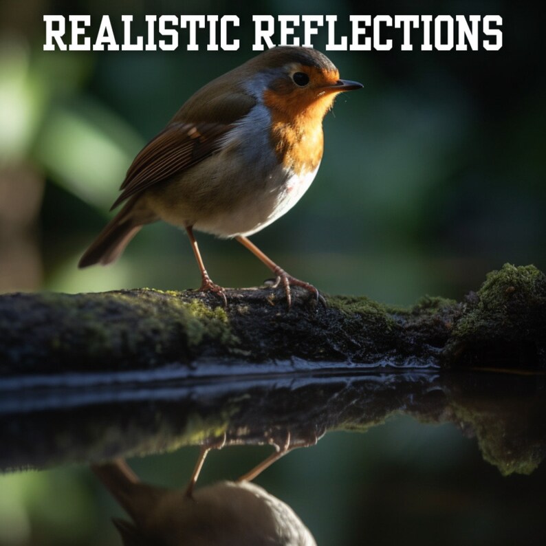 May include: A small brown and orange robin perches on a mossy log, looking to the right. The robin's reflection is visible in the still water below.