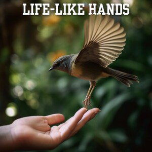 May include: A small brown bird with a light brown breast and wings outstretched, perched on an outstretched hand. The bird is in focus, while the hand and the green background are blurred. The text "LIFE-LIKE HANDS" is visible at the top of the image.