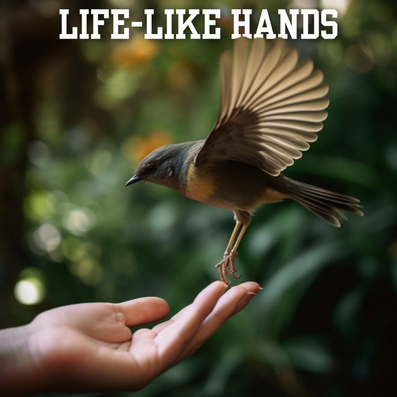 May include: A small brown bird with a light brown breast and wings outstretched, perched on an outstretched hand. The bird is in focus, while the hand and the green background are blurred. The text "LIFE-LIKE HANDS" is visible at the top of the image.