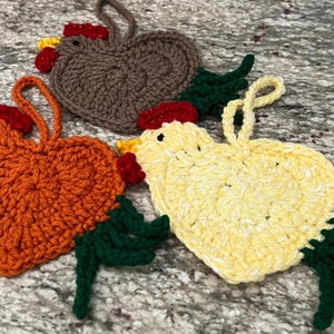 Crocheted Rooster Ornaments, Set Of 3