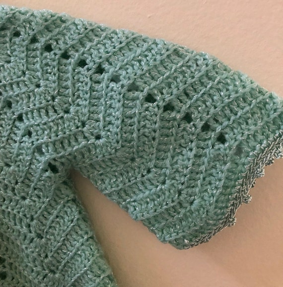 Vintage Hand Crocheted Baby Sweater, Light Green,… - image 5