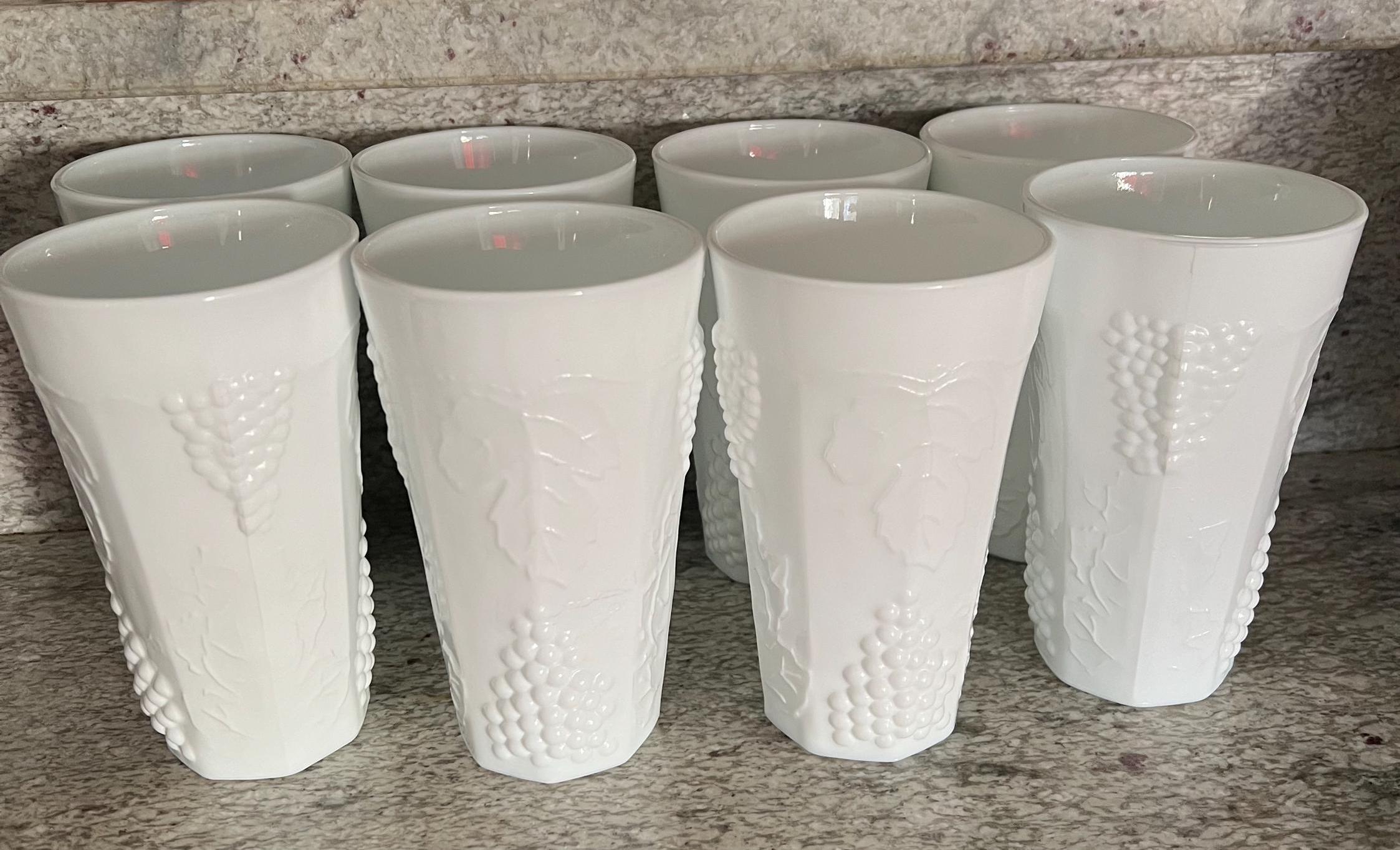 Vintage Milk Glass Harvest Grape Vine Tumblers, Set Of Eight