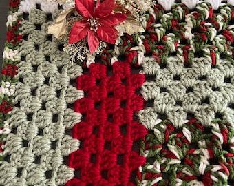 Hand Crocheted Christmas Table Runner, Small, In White, Red, Greens; Granny Square Design.