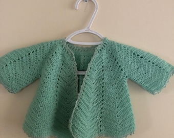 Vintage Hand Crocheted Baby Sweater, Light Green, Size 0-3 Months