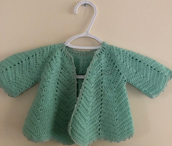 Vintage Hand Crocheted Baby Sweater, Light Green,… - image 1