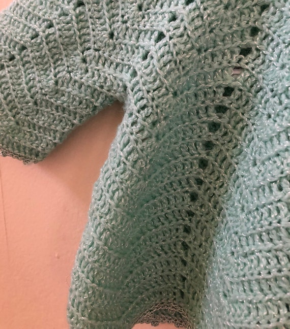 Vintage Hand Crocheted Baby Sweater, Light Green,… - image 7