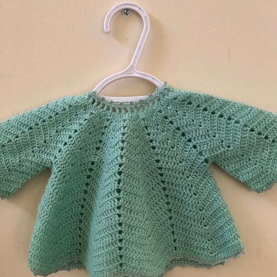 Vintage Hand Crocheted Baby Sweater, Light Green,… - image 3