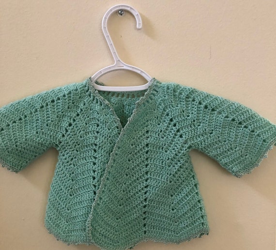 Vintage Hand Crocheted Baby Sweater, Light Green,… - image 2