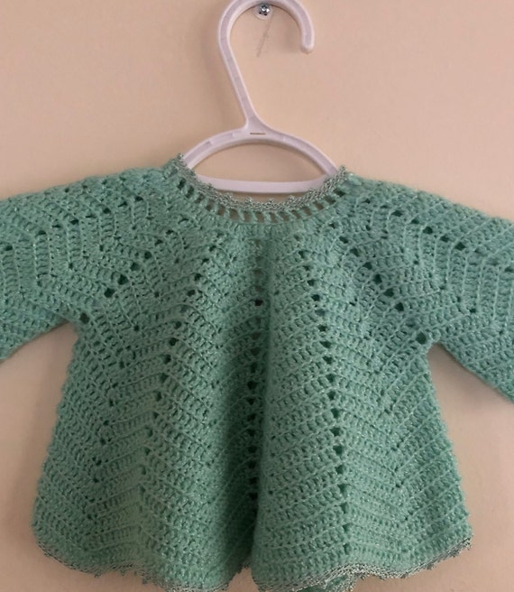 Vintage Hand Crocheted Baby Sweater, Light Green,… - image 4