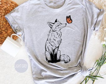 Fox and Butterfly Shirt: Hand-Drawn Wildlife Art Tee