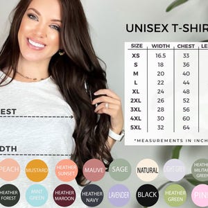 May include: Unisex t-shirt size chart with measurements in inches for XS to 5XL. The chart shows width, chest, and length measurements for each size. The chart is displayed on a white background with a model wearing a heather grey t-shirt.