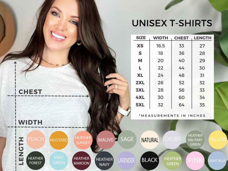May include: Unisex t-shirt size chart with measurements in inches for XS to 5XL. The chart shows width, chest, and length measurements for each size. The chart is displayed on a white background with a model wearing a heather grey t-shirt.
