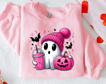 Pink Ghost Breast Cancer Awareness Sweatshirt: Halloween Ribbon Pullover