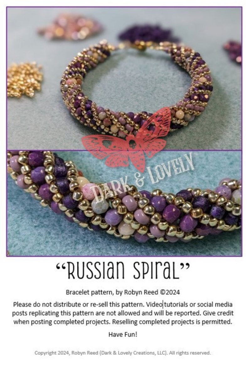 May include: A purple, pink and gold beaded bracelet with a spiral design. The bracelet is called "Russian Spiral" and is a pattern by Robyn Reed. The text "Dark & Lovely" is visible in the image.