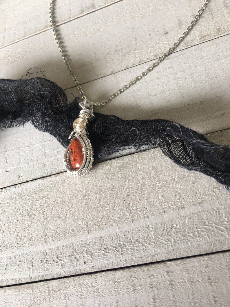 Red Jasper Wire Wrap Necklace Silver
