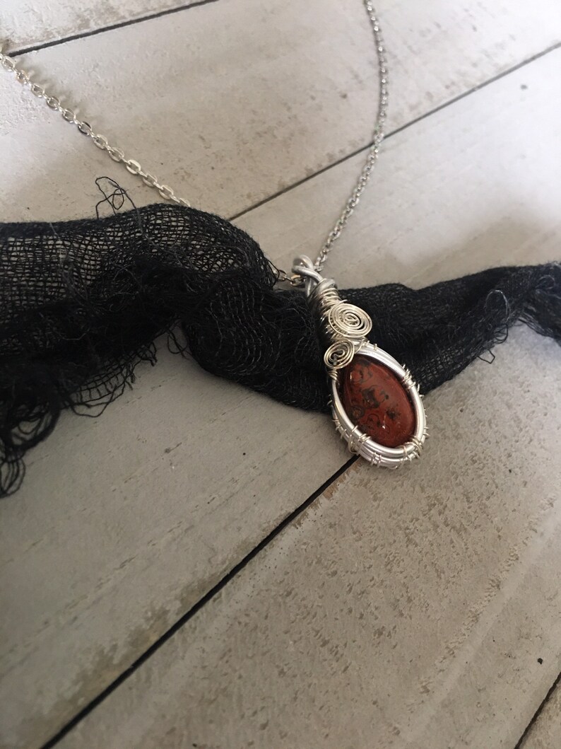 Red Jasper Wire Wrap Necklace Silver
