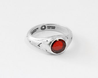 Red Garnet gemstone signet ring, The Orbit Signet Ring by Merchants of the Sun, unique handmade recycled 925 sterling silver jewelry