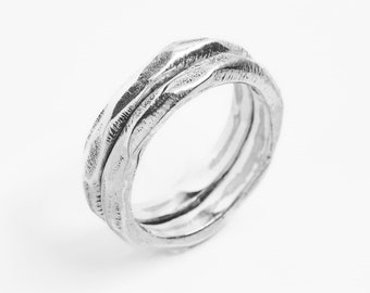 Silver stacking minimalist band rings, Mr Modest by Merchants of the Sun, hand carved jewelry, recycled 925 sterling silver hammered rings