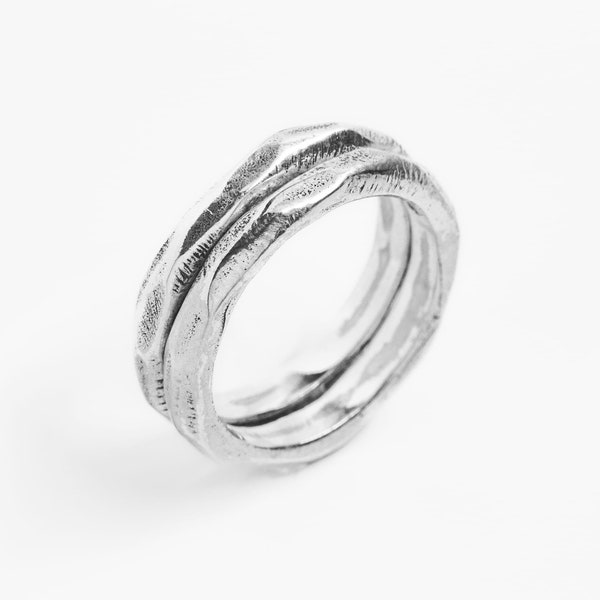 Silver stacking minimalist band rings, Mr Modest by Merchants of the Sun, hand carved jewelry, recycled 925 sterling silver hammered rings
