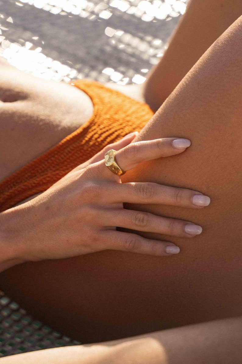 Gold sun symbol hand carved ring, The Sunwalker 18k gold vermeil by Merchants of the Sun, unique mens signet ring, hammered statement ring image 2