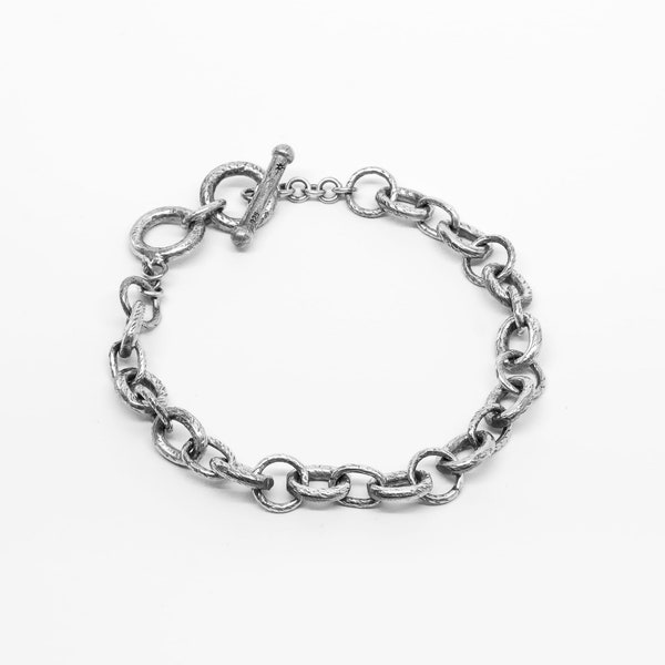 Hammered unique raw chain link bracelet, The Liminal Chain by Merchants of the Sun, minimalist 925 recycled sterling silver unisex jewelry