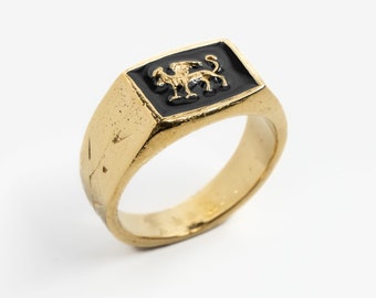 Gold gryphon statement signet ring, Gryphon Ring gold by Merchants of the Sun, unisex handmade jewelry, 18k gold vermeil and black enamel