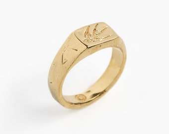 Swallow engraved gold minimalist signet ring, Swallow Signet Gold by Merchants of the Sun, 18k gold vermeil handmade hammered edges signet