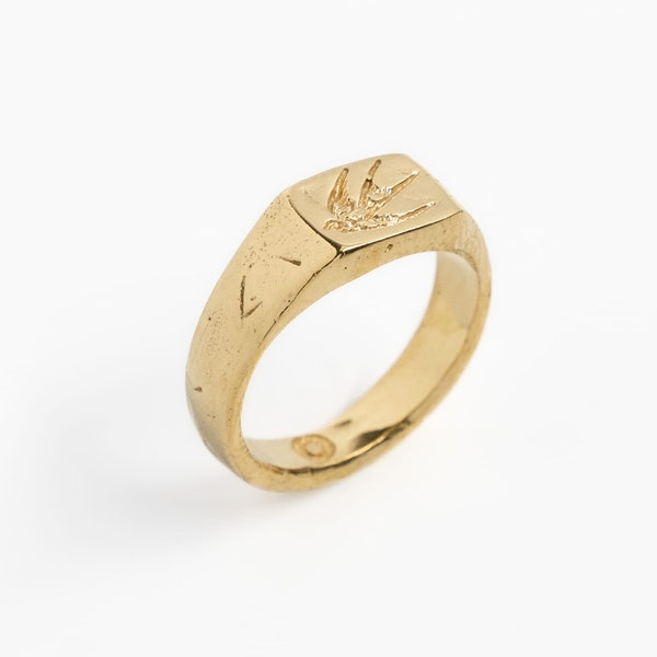 Swallow engraved gold minimalist signet ring, Swallow Signet Gold by Merchants of the Sun, 18k gold vermeil handmade hammered edges signet