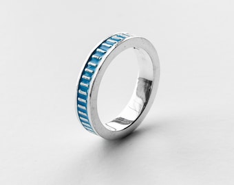 Blue striped silver ring, Architrave Band by Merchants of the Sun, unisex handmade jewelry, 925 sterling silver blue enamel band ring