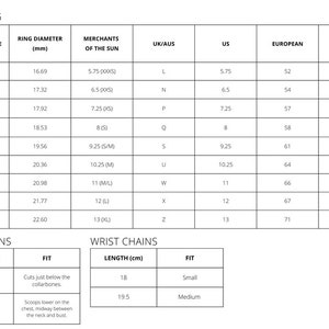May include: A chart showing ring sizing in different measurement systems, including finger circumference in millimeters, ring diameter in millimeters, Merchants of the Sun sizing, UK/AUS sizing, US sizing, European sizing, and Japanese sizing. The chart also includes neck chain and wrist chain sizing in centimeters.
