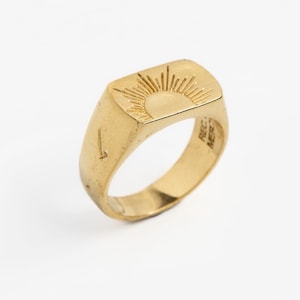 Gold sun symbol hand carved ring, The Sunwalker 18k gold vermeil by Merchants of the Sun, unique mens signet ring, hammered statement ring image 1