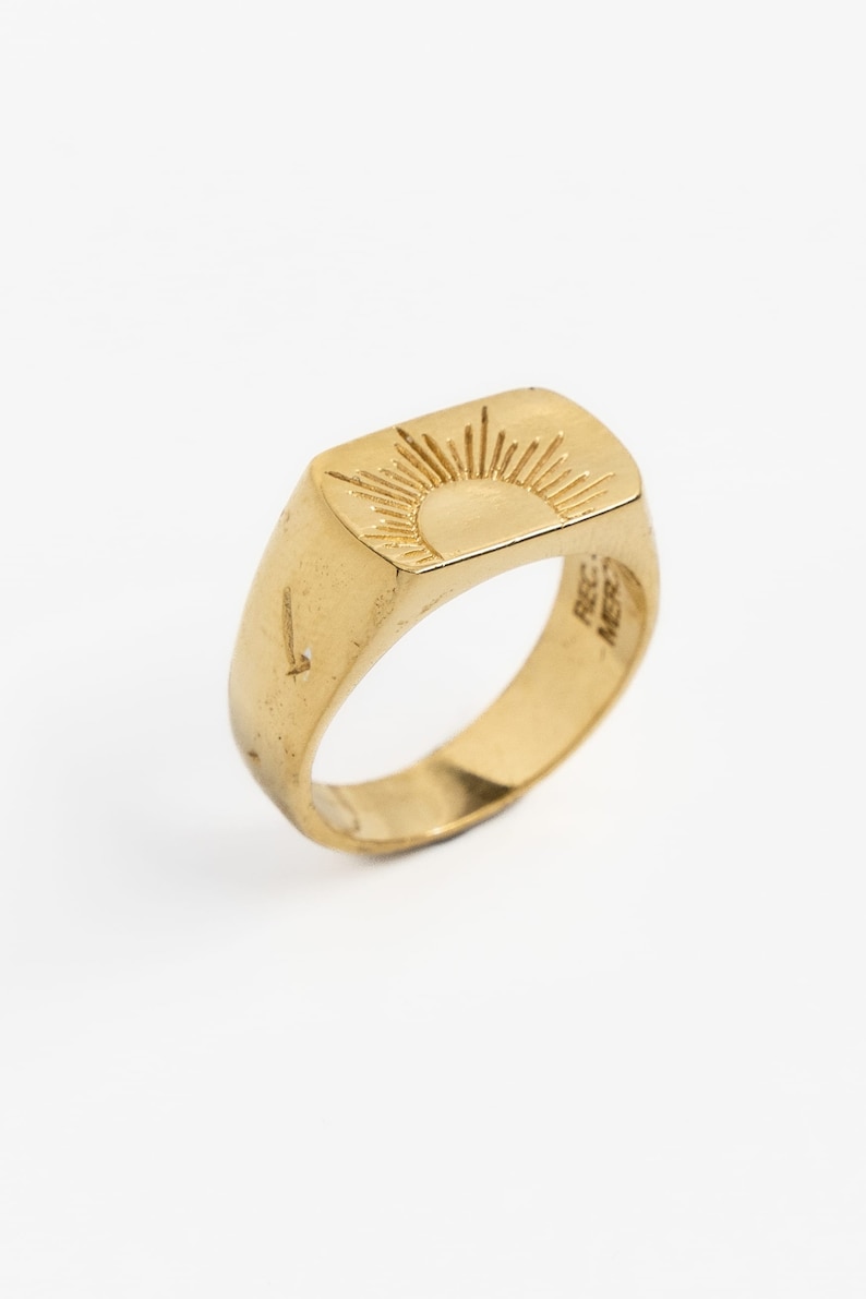 Gold sun symbol hand carved ring, The Sunwalker 18k gold vermeil by Merchants of the Sun, unique mens signet ring, hammered statement ring image 1