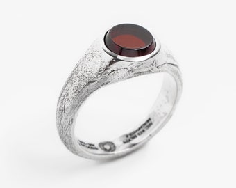 Red Garnet gemstone signet ring, The Orbit Signet Ring by Merchants of the Sun, unique handmade recycled 925 sterling silver jewelry