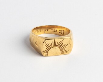 Gold sun symbol hand carved ring, The Sunwalker 18k gold vermeil by Merchants of the Sun, unique mens signet ring, hammered statement ring