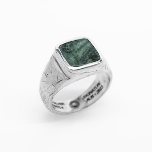Green Marble Sterling Silver Stone Signet Ring – Handcrafted Statement Ring, Unique Gemstone Jewelry for Men & Women