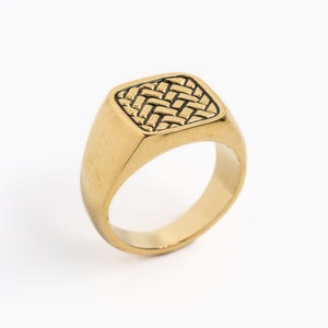 Gold herringbone signet ring, Paragon Signet by Merchants of the Sun, unisex handmade statement 18k gold vermeil ring jewelry, black enamel