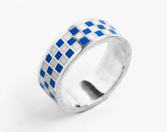 Blue checkered pattern ring, The Gambit Ring Merchants of the Sun, unisex handmade jewelry, 925 sterling silver minimalist enamel band ring