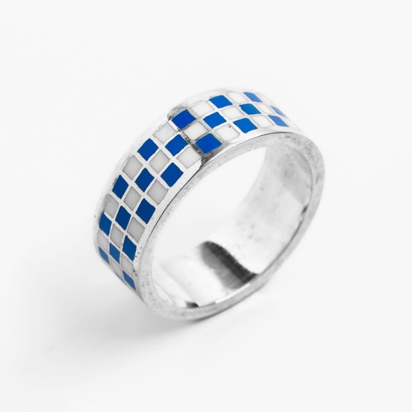 Blue checkered pattern ring, The Gambit Ring Merchants of the Sun, unisex handmade jewelry, 925 sterling silver minimalist enamel band ring