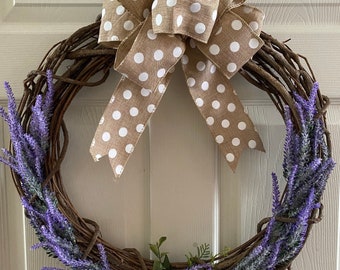 Lavender Grapevine Wreath w/ Polka Dot Burlap Bow (Optional)