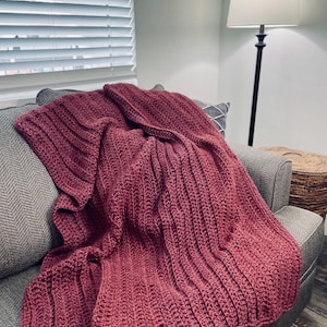 Cranberry Red Ribbed Crochet Blanket