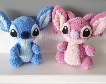 Blue and Pink creature crochet PDF pattern plush amigurumi inspired by Lilo and Stitch and Angel