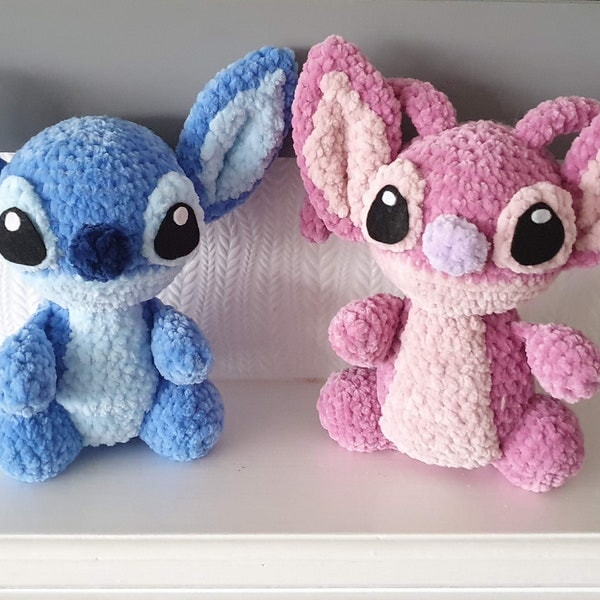 Blue and Pink creature crochet PDF pattern plush amigurumi inspired by Lilo and Stitch and Angel