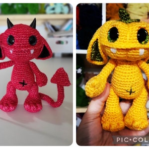 May include: Two crocheted amigurumi toys. One is a red devil with a black pitchfork and a tail. The other is a yellow pumpkin-like creature with green leaves on top of its head. Both toys have black eyes and white teeth.