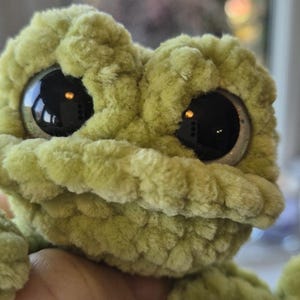 May include: A close-up of a handmade, light green crocheted frog with large, reflective black eyes. The frog has a textured, plush appearance and is held in a hand. The background is blurred, suggesting an indoor setting.